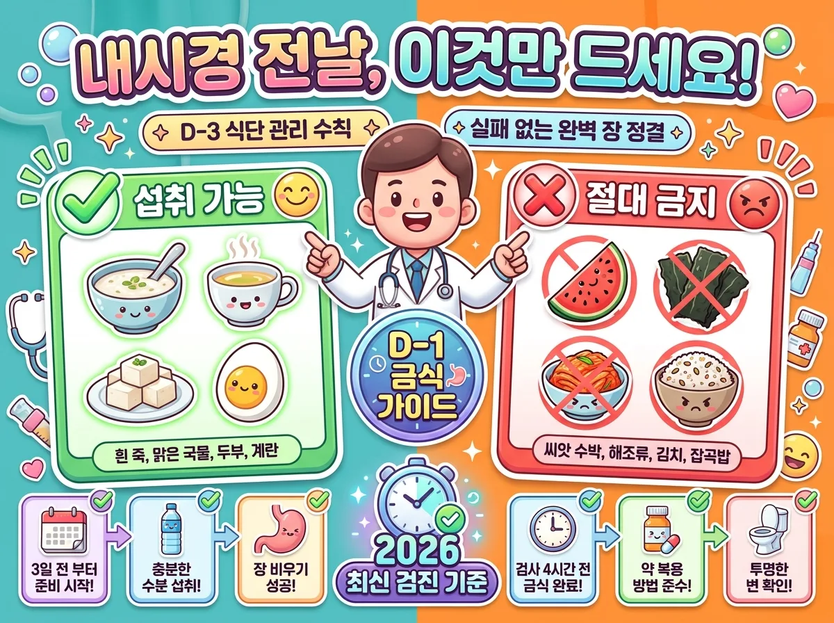 대장내시경 검사 전날 섭취 가능한 흰죽과 금지해야 할 씨 있는 과일 및 해조류 식단을 비교 정리한 2026 건강검진 안내 인포그래픽 포스터