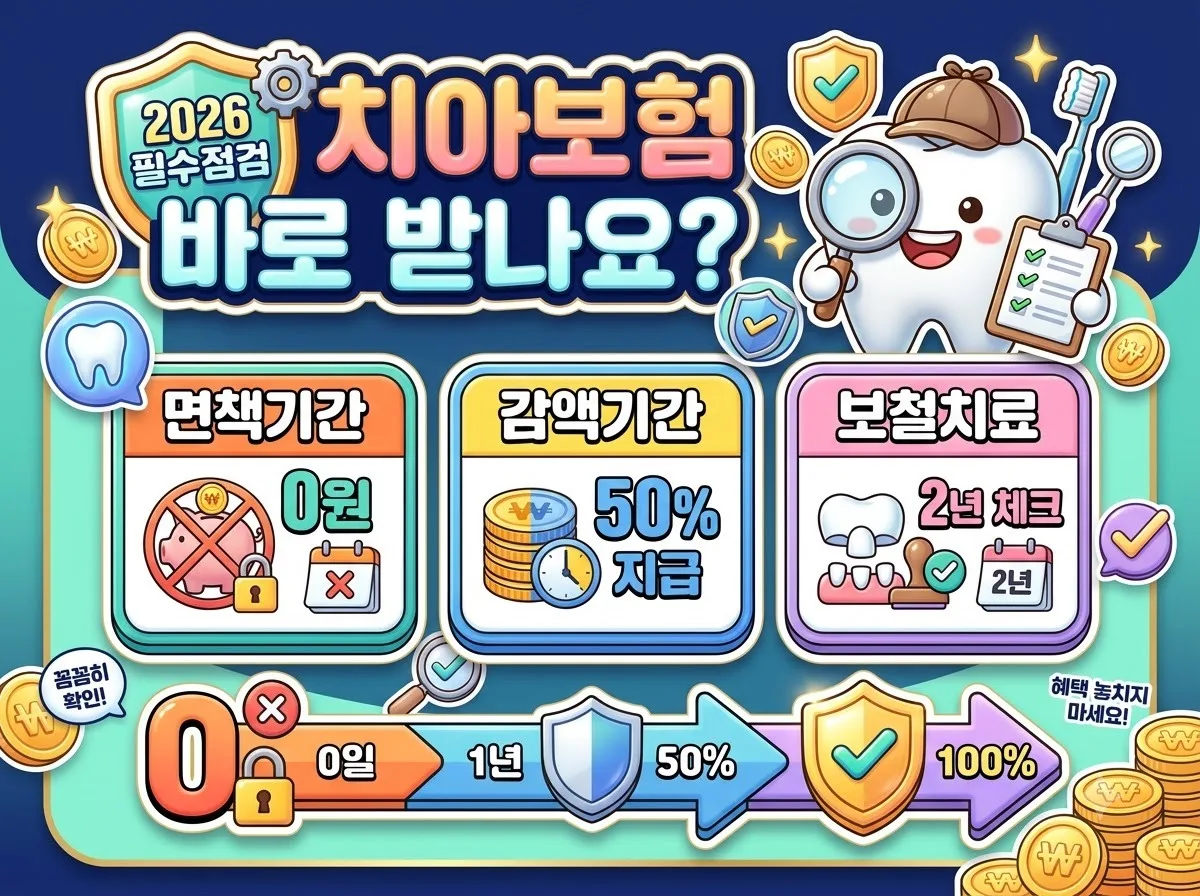 치아보험 가입 전 꼭 확인해야 하는 면책기간과 감액기간의 차이 및 보장 비율을 한눈에 정리한 인포그래픽 포스터