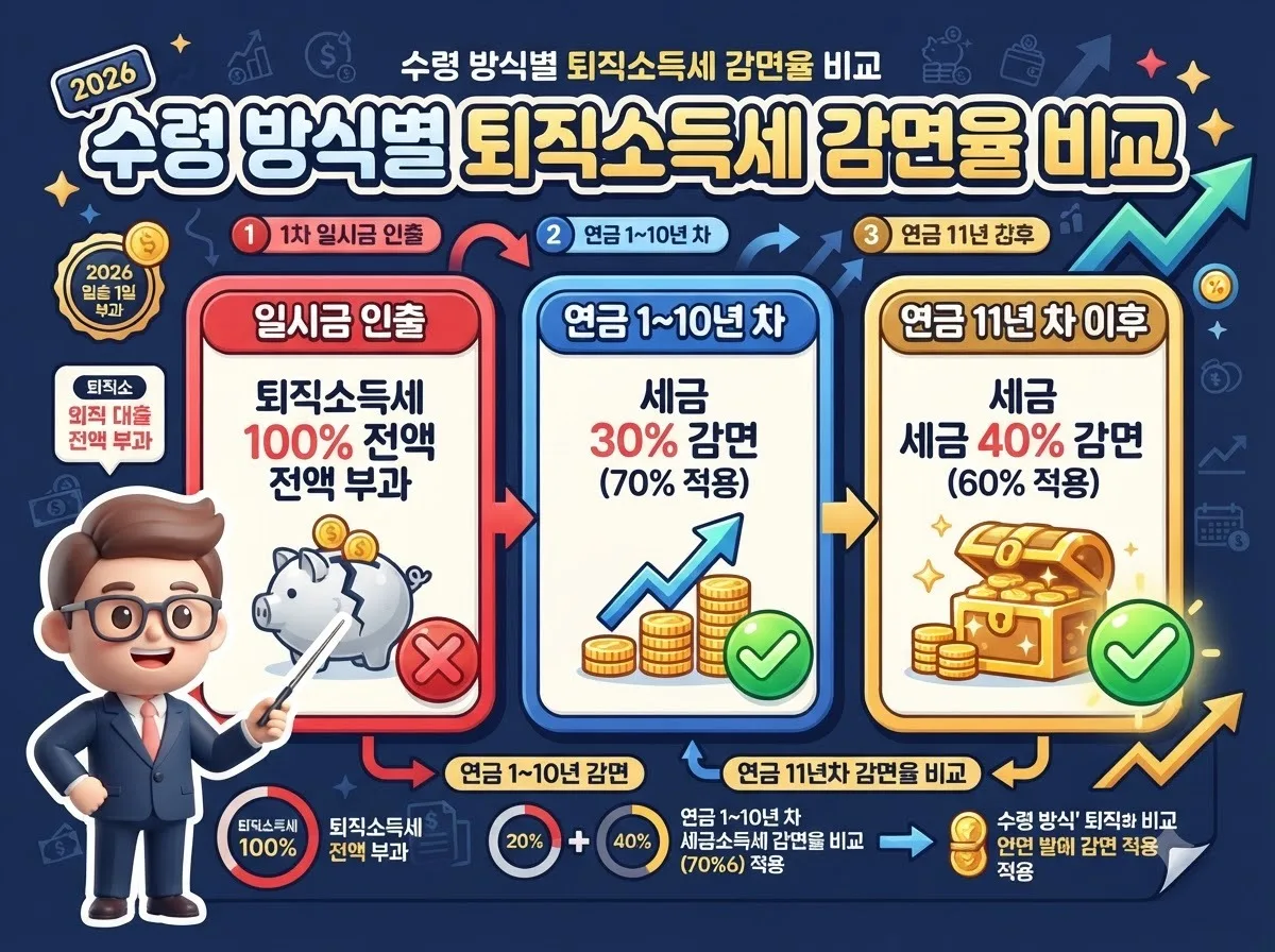 퇴직연금 일시금 수령과 연금 10년 차 및 11년 차 이후 퇴직소득세 감면율 차이를 비교한 안내 이미지