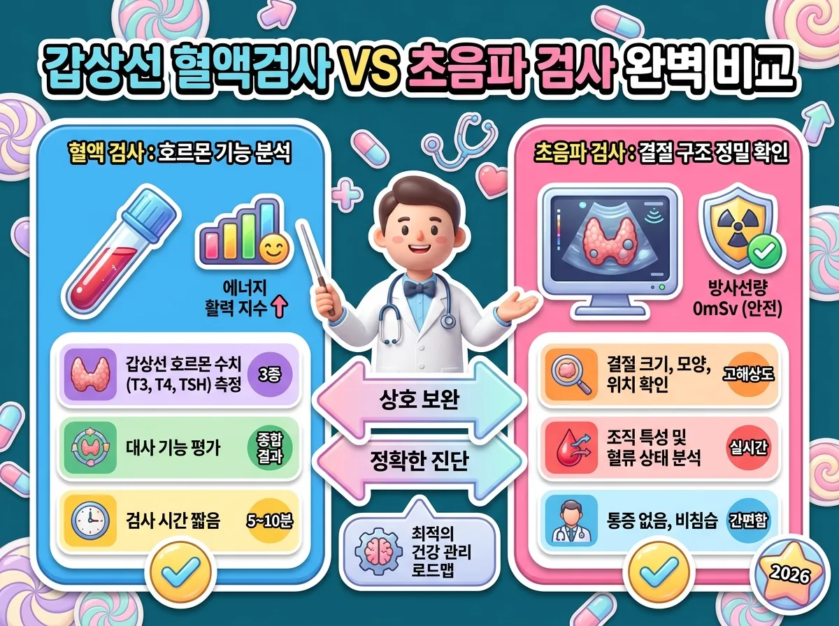 호르몬 기능을 확인하는 혈액검사와 결절 구조를 확인하는 초음파 검사의 차이점을 대조한 상세 비교 인포그래픽