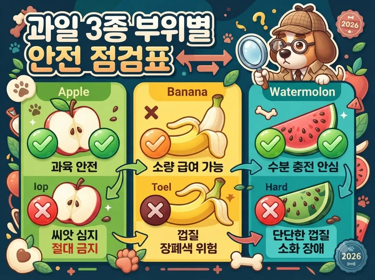 사과 바나나 수박의 과육과 껍질 및 씨앗 부위별 급여 가능 여부를 한눈에 비교한 반려견 과일 안전 점검표
