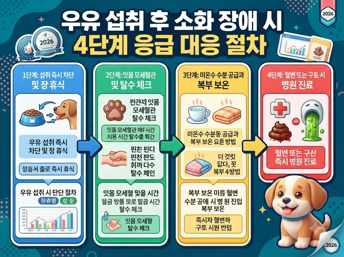 강아지가 일반 우유를 마시고 구토나 설사를 할 때 대처할 수 있는 4단계 응급 관리 절차를 시각화한 단계별 안내 이미지입니다.