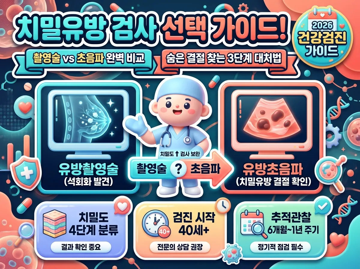 유방촬영술과 유방초음파의 차이점 및 치밀유방 판정 시 권장되는 3단계 대처법과 검진 주기 안내 인포그래픽