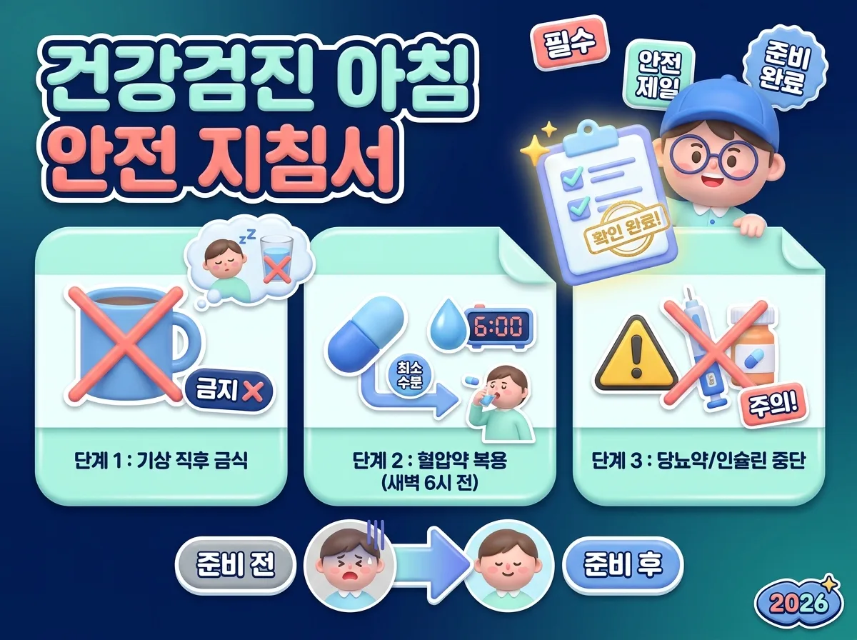 건강검진 당일 아침 수분 섭취 중단 원칙과 혈압약 및 당뇨약 복용 시 안전 수칙을 단계별로 정리한 체크리스트 이미지입니다.