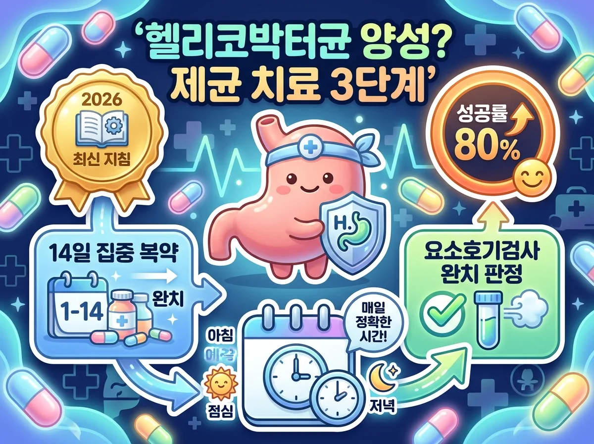 헬리코박터균 양성 판정 후 14일 복약과 요소호기검사 완치 판정까지 제균 치료 3단계 핵심 과정을 요약한 2026 건강 인포그래픽 포스터