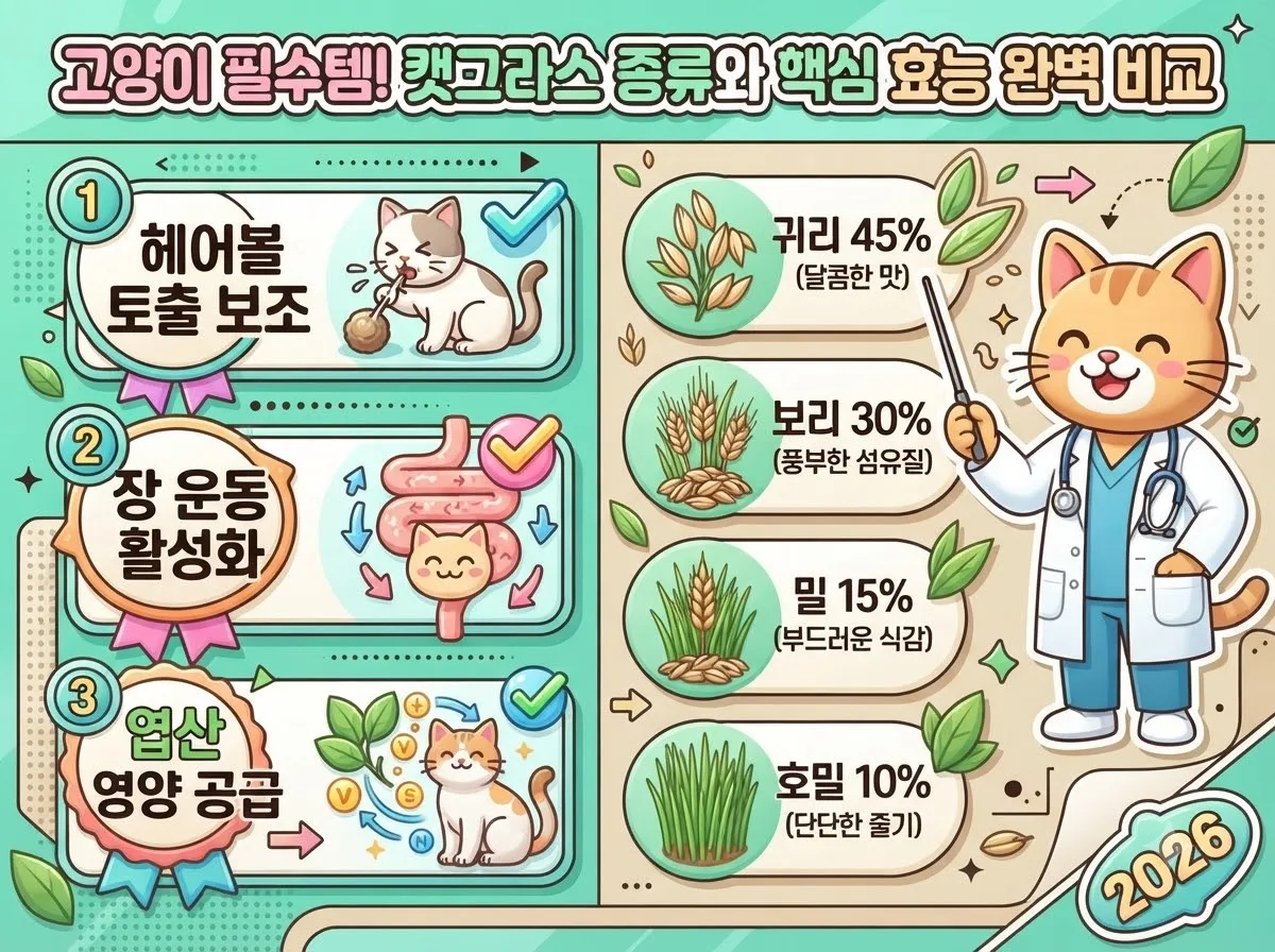 고양이 캣글라스 핵심 효능 3가지와 곡물 종류별 선호도 및 특징을 비교 정리한 정보성 인포그래픽