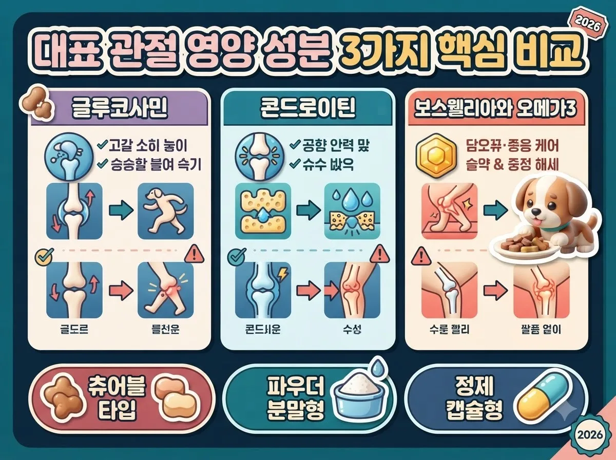 글루코사민과 콘드로이틴 등 강아지 관절 영양 성분의 기능 차이점과 급여 제형별 특성을 비교한 정보성 인포그래픽 이미지입니다.