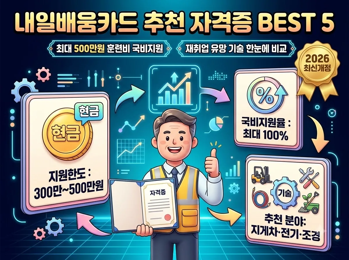 중장년 내일배움카드로 취득 가능한 추천 자격증 5종과 최대 500만 원 국비 지원 혜택 요약 안내