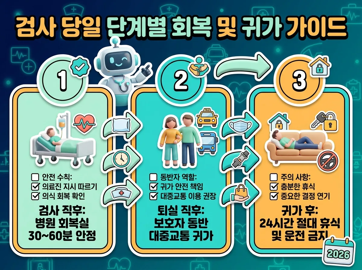 수면내시경 직후 회복실 관찰부터 보호자 동반 귀가 및 당일 휴식까지의 시간대별 안전 가이드라인