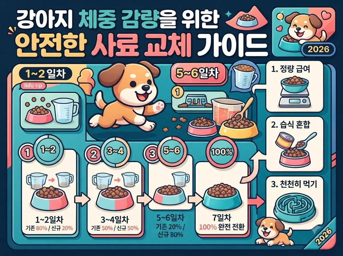 반려견 체중 감량을 위해 소화 부담 없이 다이어트 사료로 교체하는 5단계 비율 전환 절차 안내 인포그래픽
