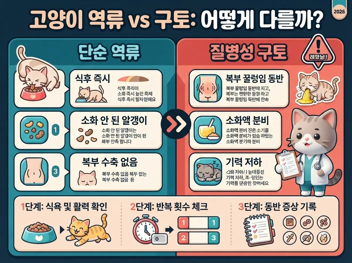 고양이 단순 역류와 질병성 구토의 차이점 및 보호자 응급 관찰 체크리스트를 비교 정리한 인포그래픽 이미지입니다.