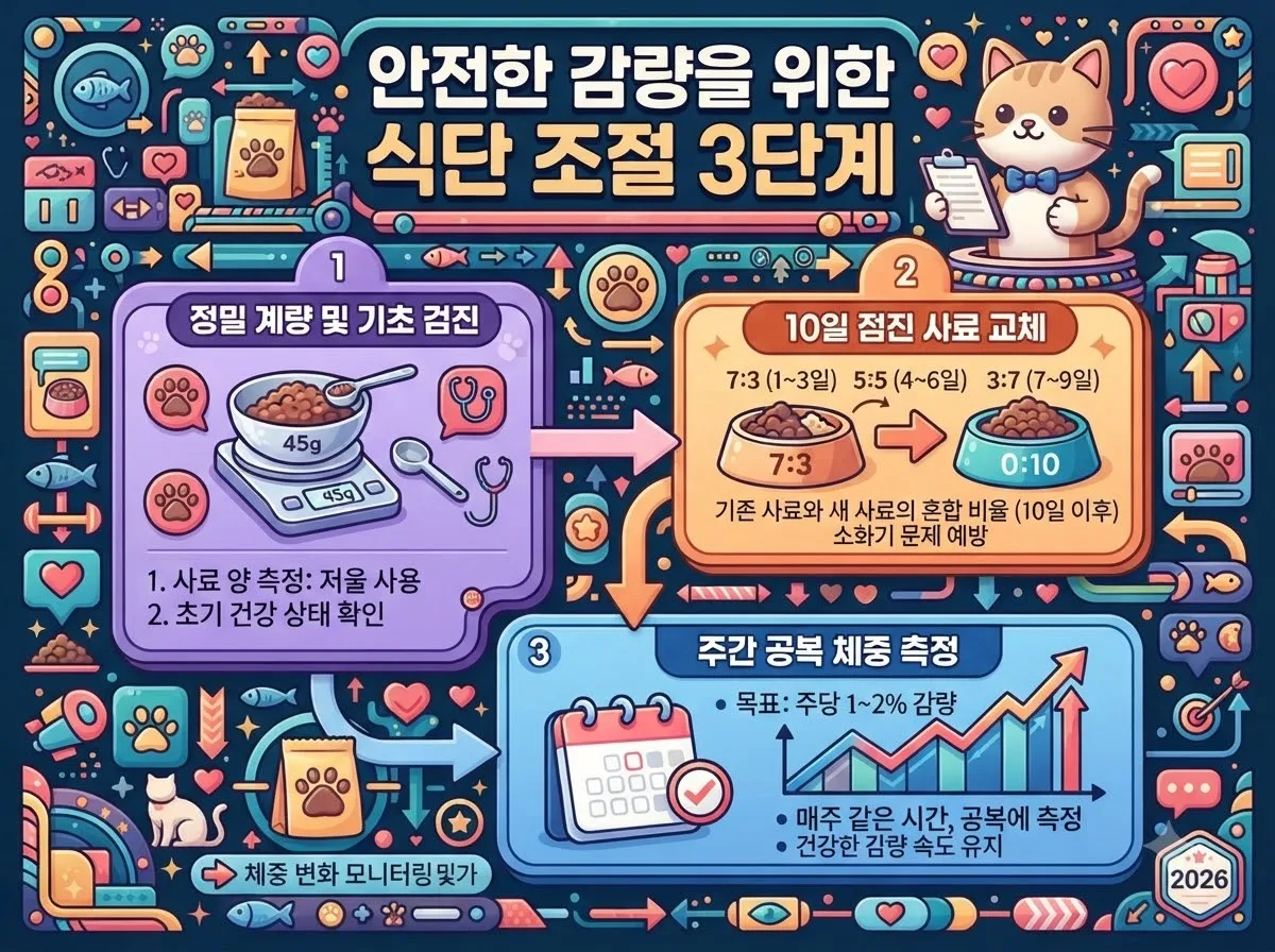기초 계량부터 점진적 사료 교체와 주간 체중 측정까지 고양이 다이어트 3단계 식단 관리 과정을 보여주는 인포그래픽입니다.