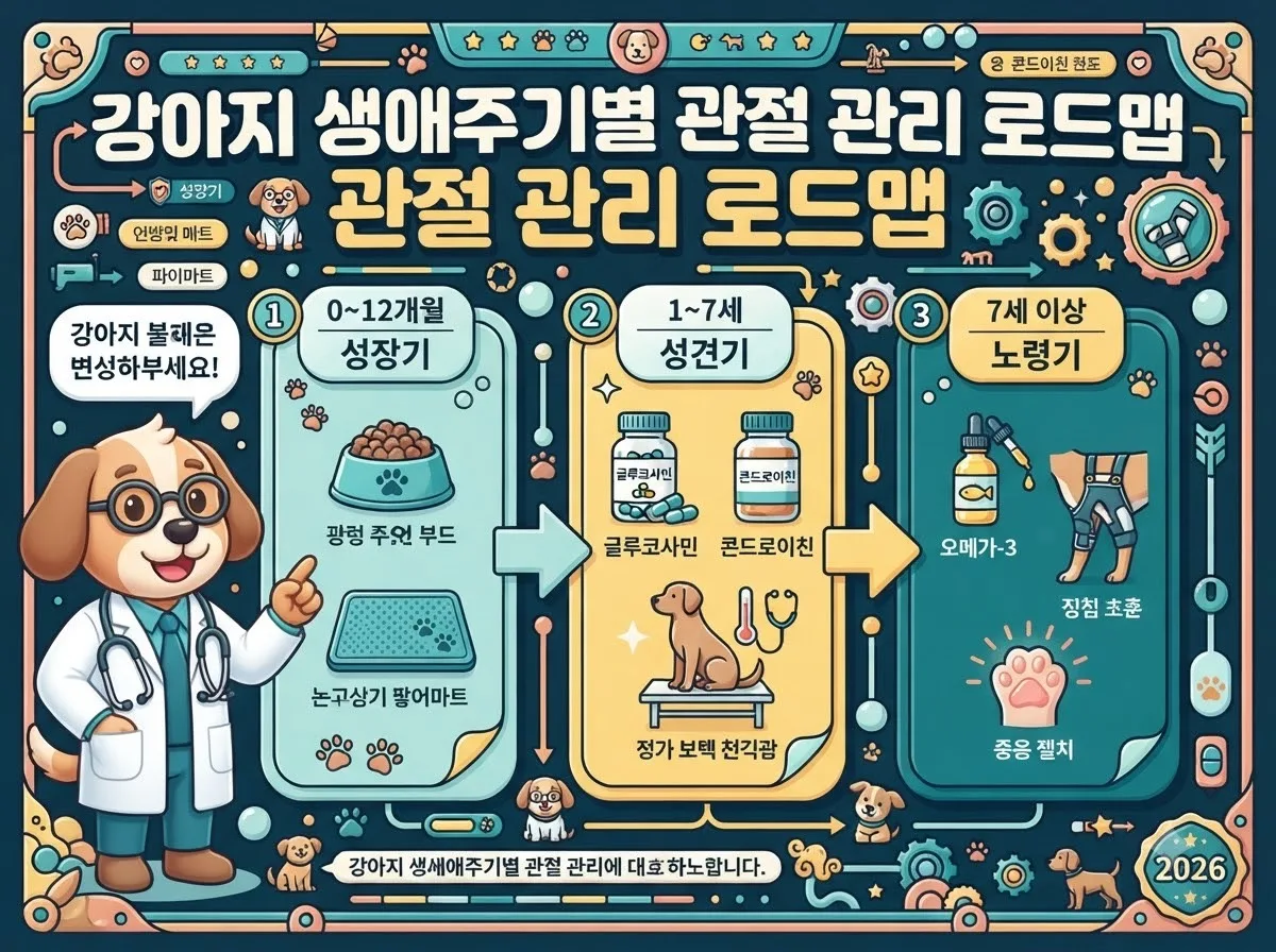 강아지 성장기부터 노령기까지 생애주기별 관절 건강 관리 수칙과 적정 보조제 투여 시점을 설명하는 정보성 인포그래픽입니다.