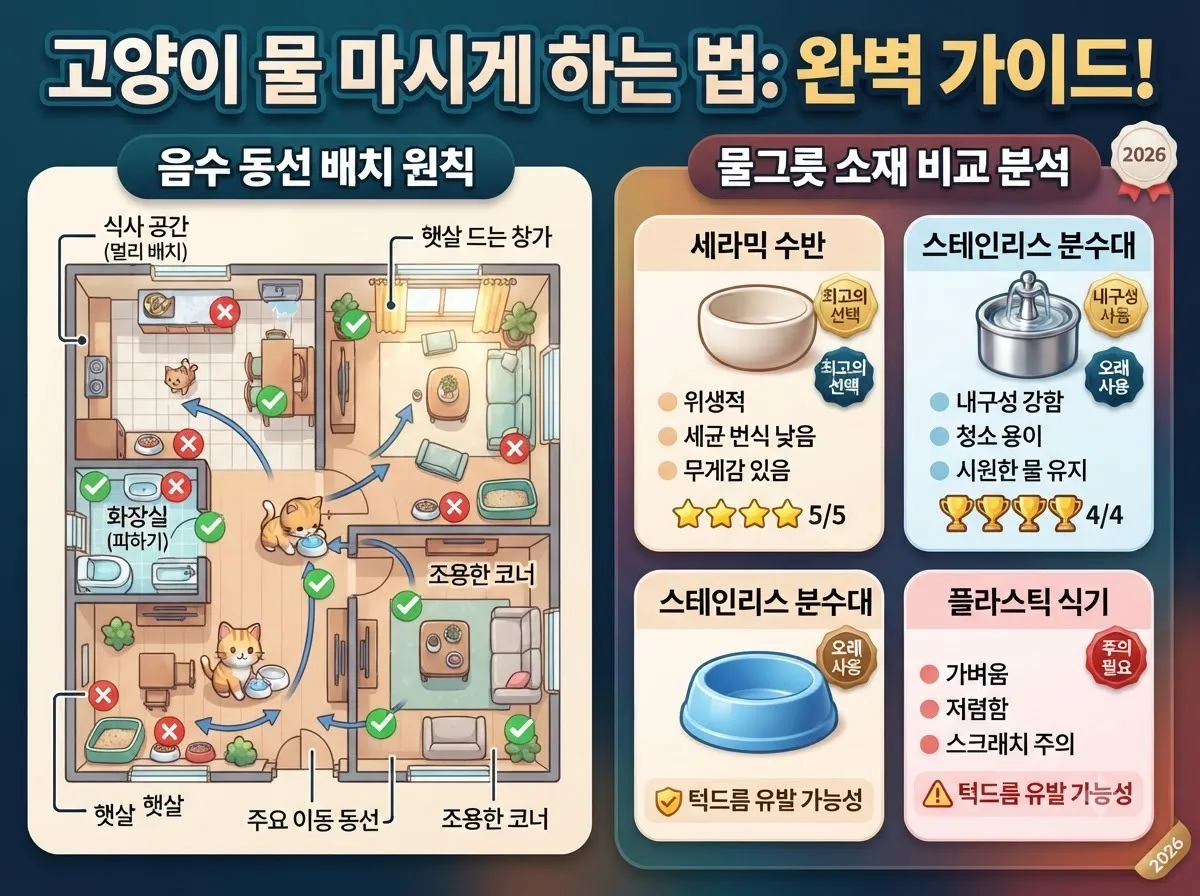 사료 및 화장실과 분리된 고양이 물그릇 배치 동선 설계와 도자기 및 스테인리스 소재 장단점을 비교한 인포그래픽 안내 이미지입니다.