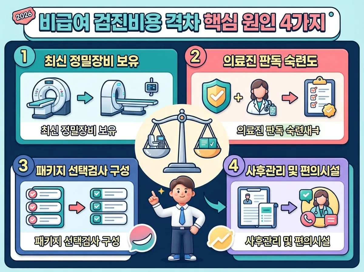 병원마다 비급여 건강검진 비용 격차가 발생하는 4가지 주요 원인을 최신 장비와 항목 구성 중심으로 정리한 인포그래픽 이미지입니다.