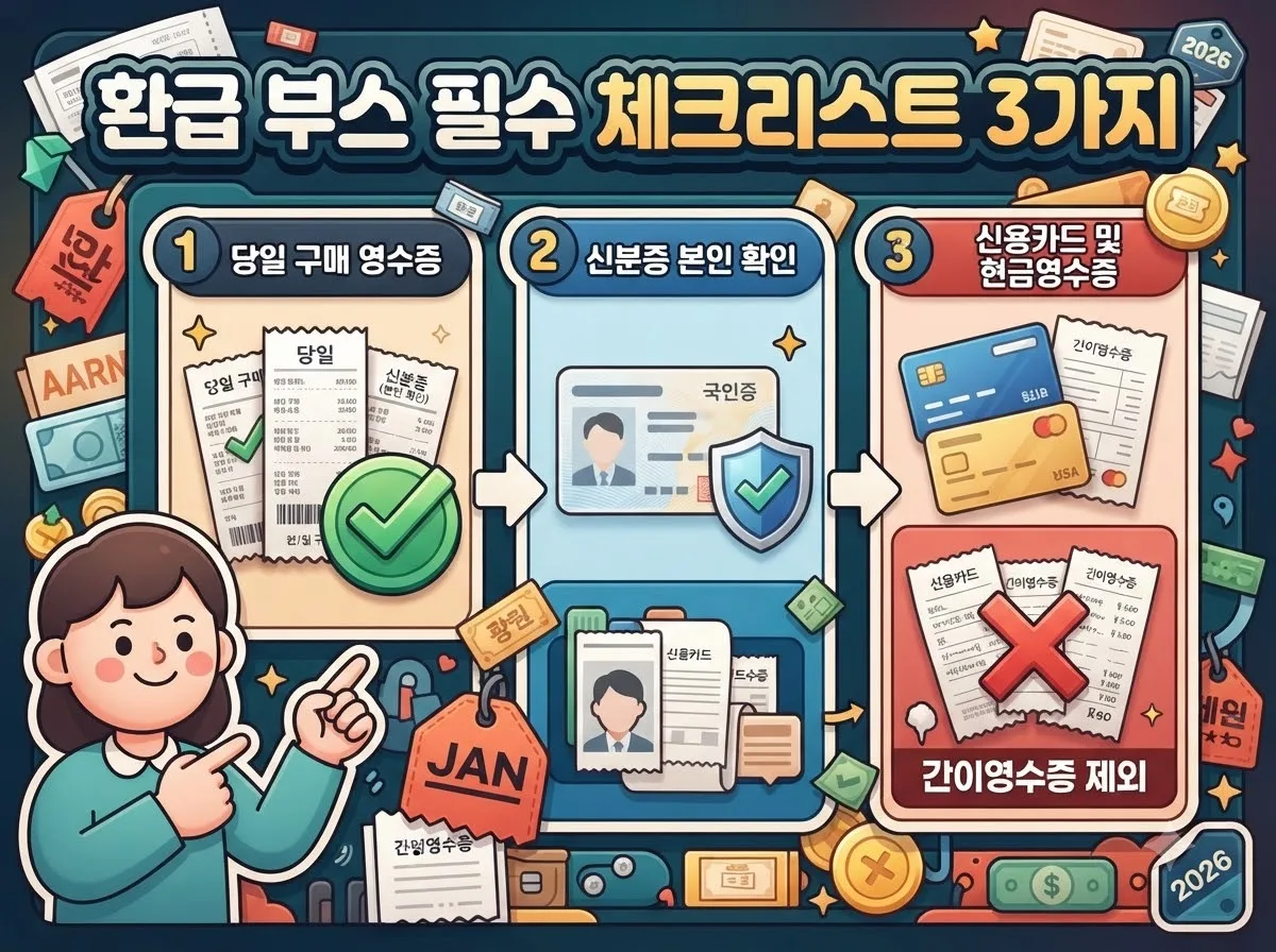 전통시장 온누리상품권 환급 부스 방문 전 꼭 확인해야 하는 당일 결제 영수증, 본인 확인 신분증, 카드 및 현금영수증 지참 체크리스트 인포그래픽.