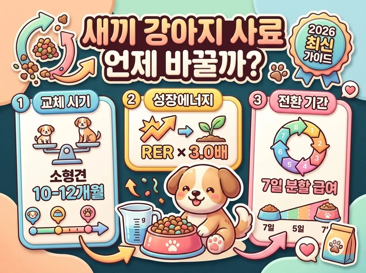 새끼 강아지 사료 교체 시기와 하루 적정 급여량 계산법을 3D 인포그래픽 포스터 형태로 알기 쉽게 요약한 썸네일 이미지입니다.