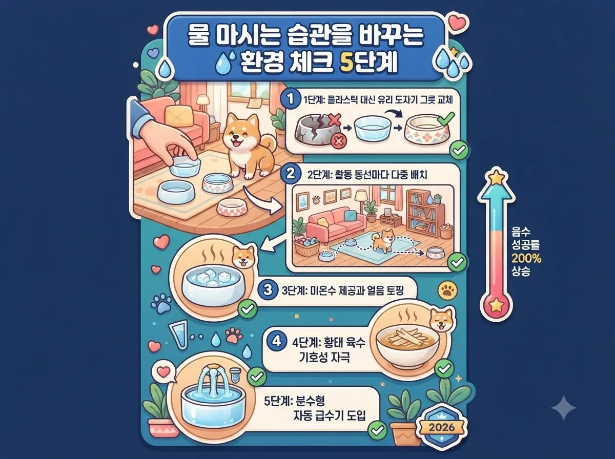 물그릇 재질 변경과 다중 배치 및 육수 토핑 등 강아지 음수 습관을 개선하는 5가지 실천 환경 체크리스트 인포그래픽