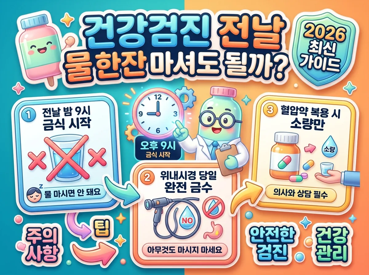 건강검진 전날 밤 9시 이후 물 섭취 제한 및 금식 시간과 검사항목별 주의사항을 한눈에 정리한 2026 인포그래픽 안내 이미지입니다.