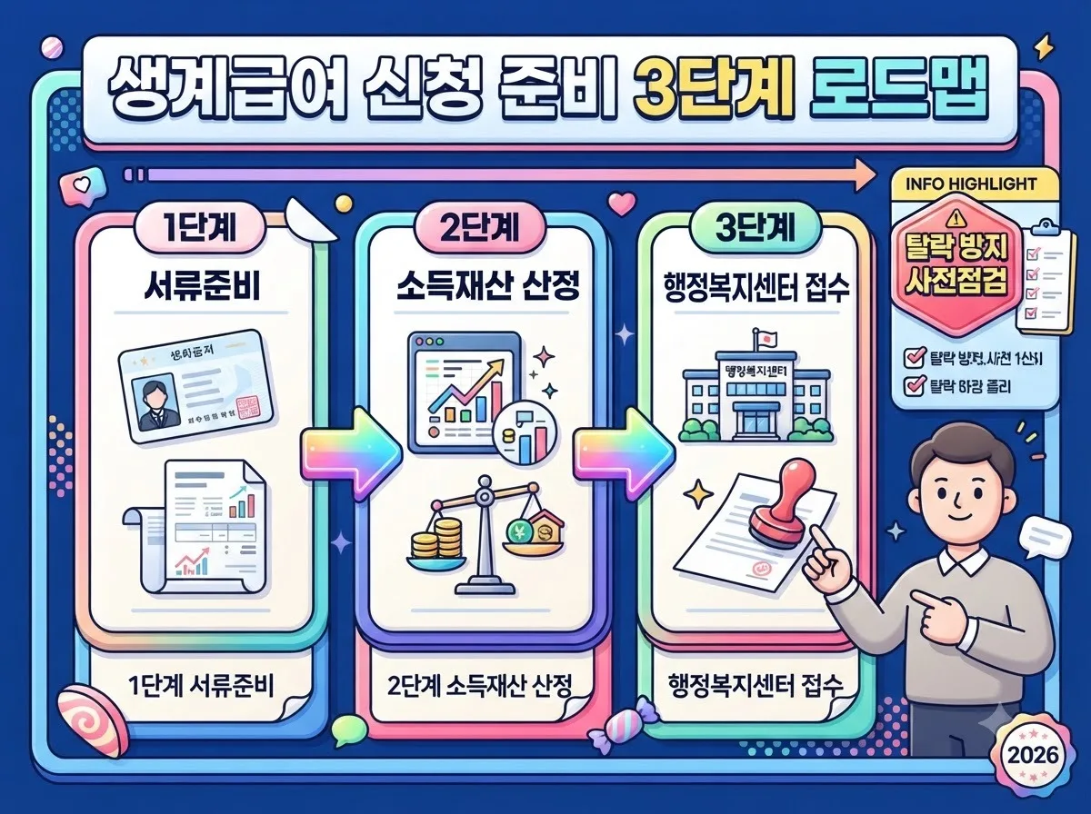 생계급여 신청 전 필수 서류 확인부터 행정복지센터 접수까지 3단계 준비 과정을 담은 로드맵