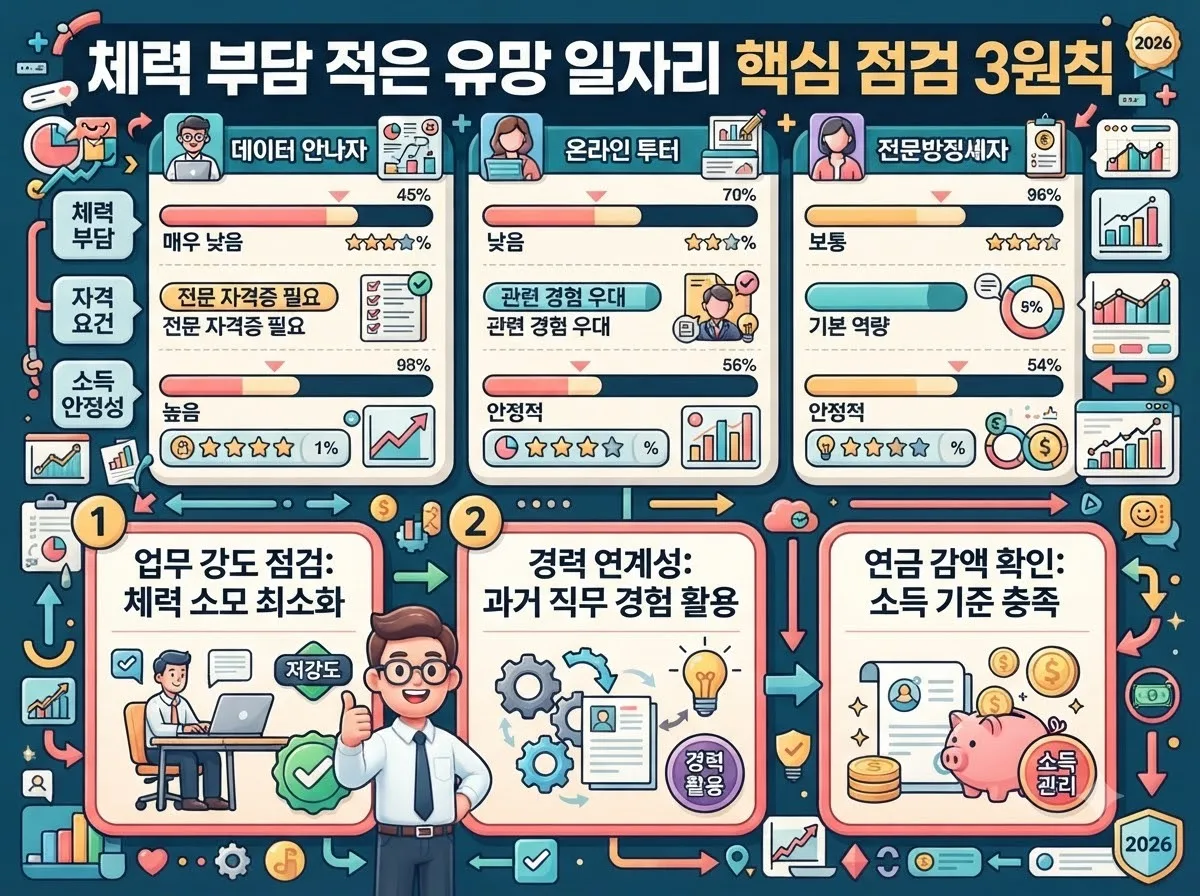 체력 부담이 적은 제2의 직업을 선택할 때 꼭 고려해야 할 업무 강도와 경력 연계성 및 소득 안정성 점검 기준을 비교한 인포그래픽 이미지입니다.