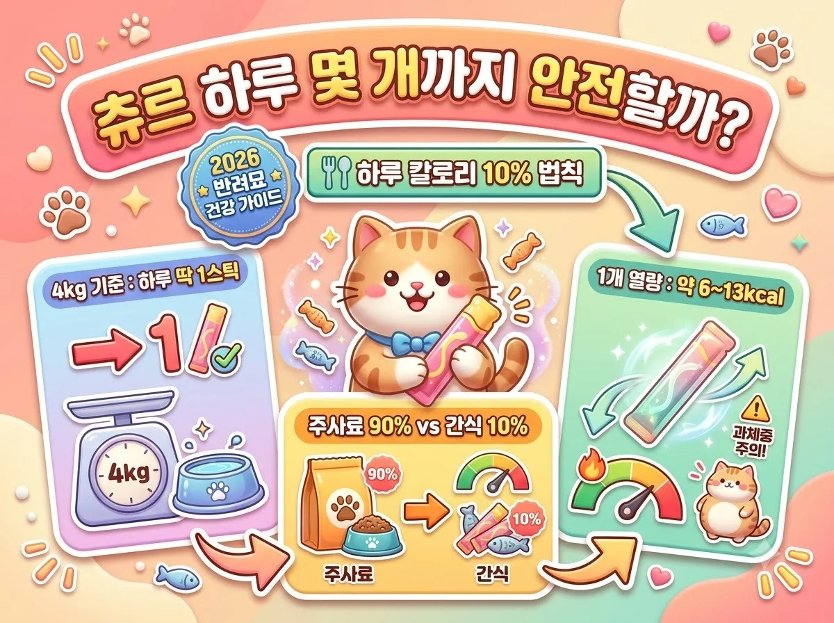 고양이 츄르 하루 적정 권장량과 칼로리 10퍼센트 원칙을 설명하는 인포그래픽 포스터 썸네일