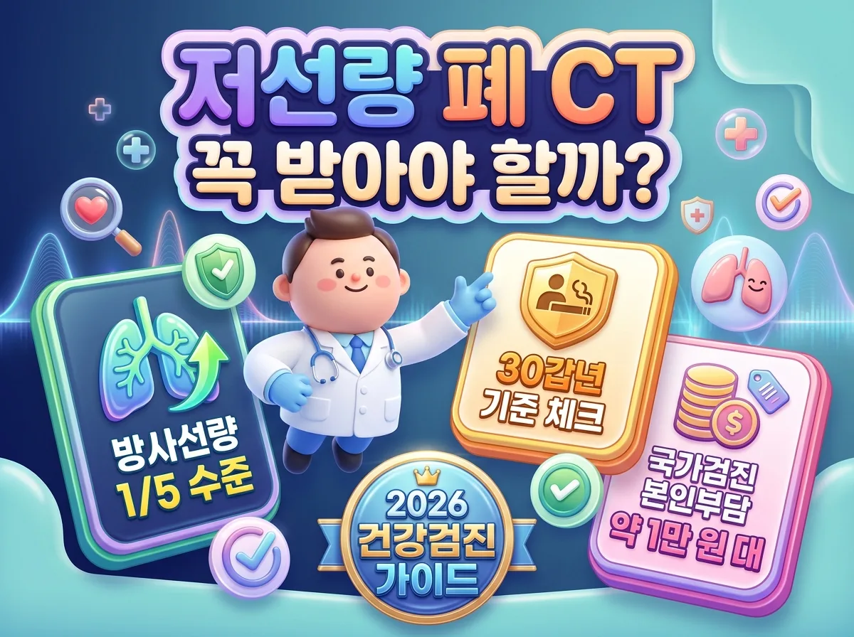흡연자를 위한 저선량 폐 CT 검사 필요성과 방사선량 및 본인부담금 기준 안내 인포그래픽