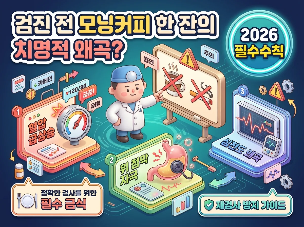 건강검진 전 커피와 흡연이 혈압과 위내시경 결과에 미치는 부정적 영향을 요약한 인포그래픽 포스터