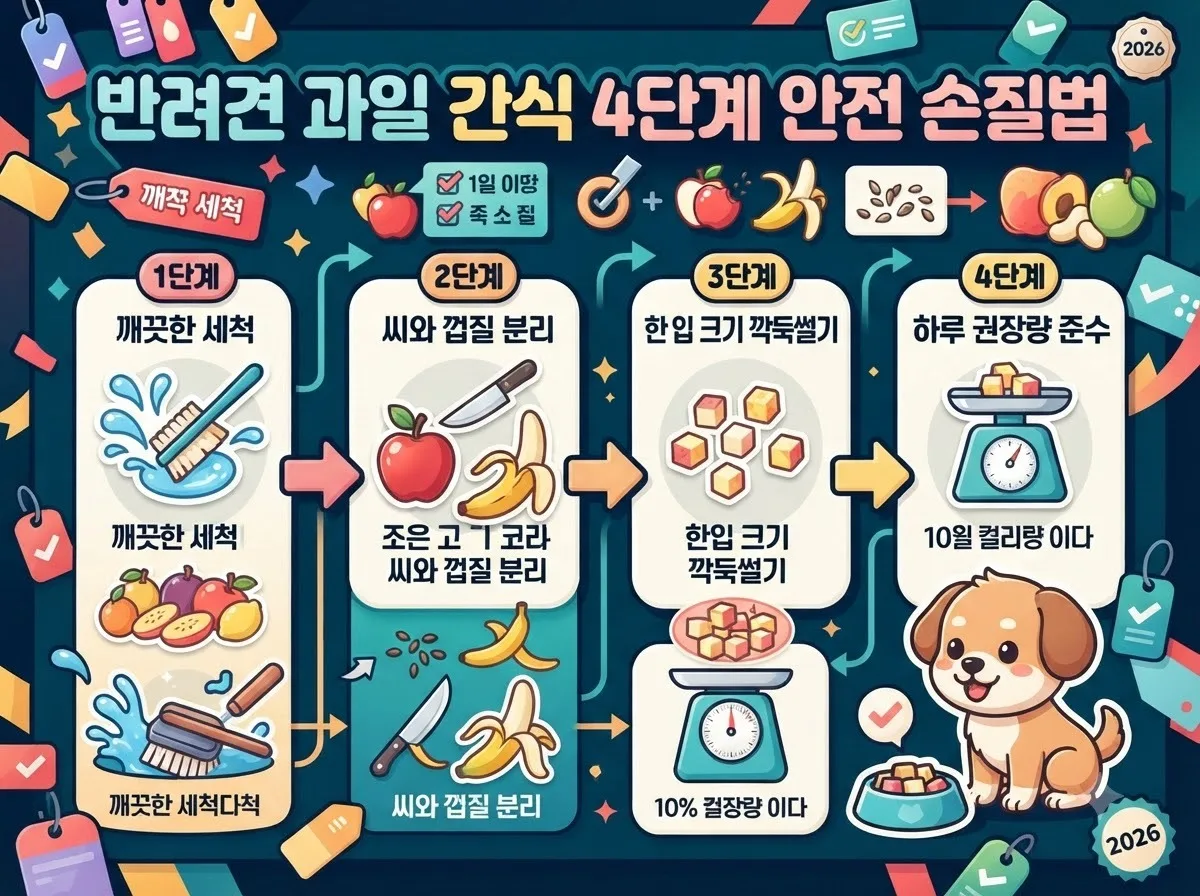 세척부터 껍질 제거와 깍둑썰기 및 적정량 급여까지 반려견 과일 간식 안심 손질 4단계를 설명한 인포그래픽