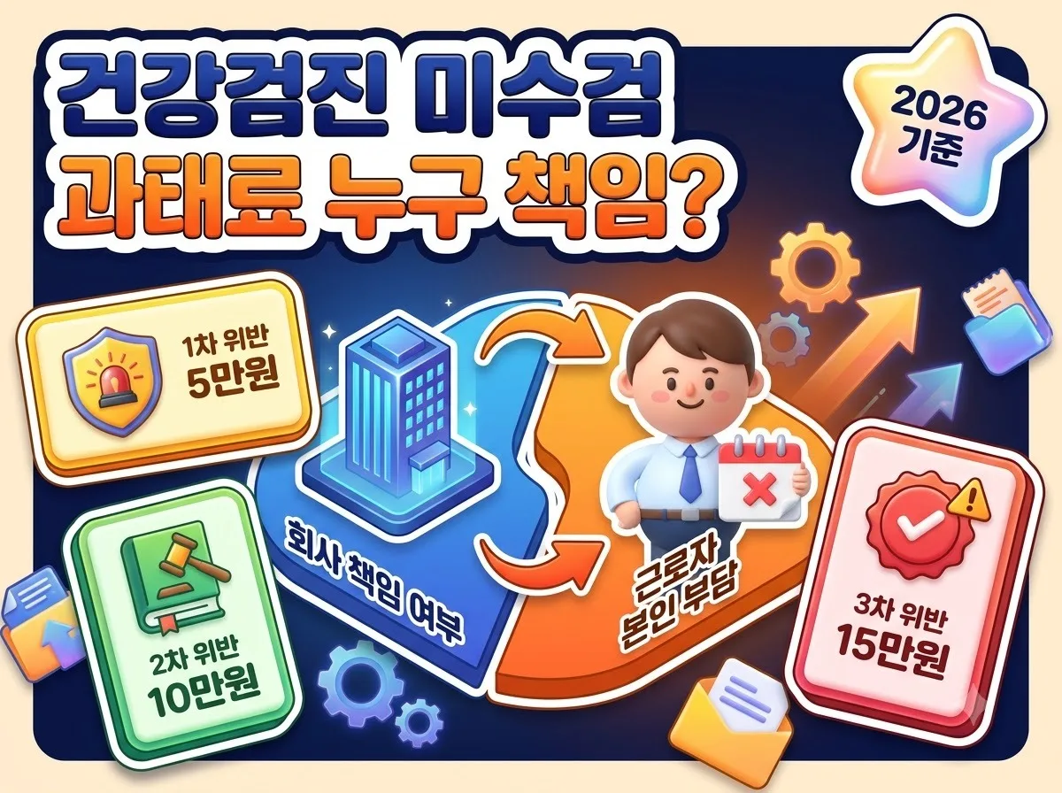 직장인 건강검진 미수검 시 부과되는 과태료 기준과 회사 및 근로자 간 책임 소재를 비교 분석한 인포그래픽 썸네일