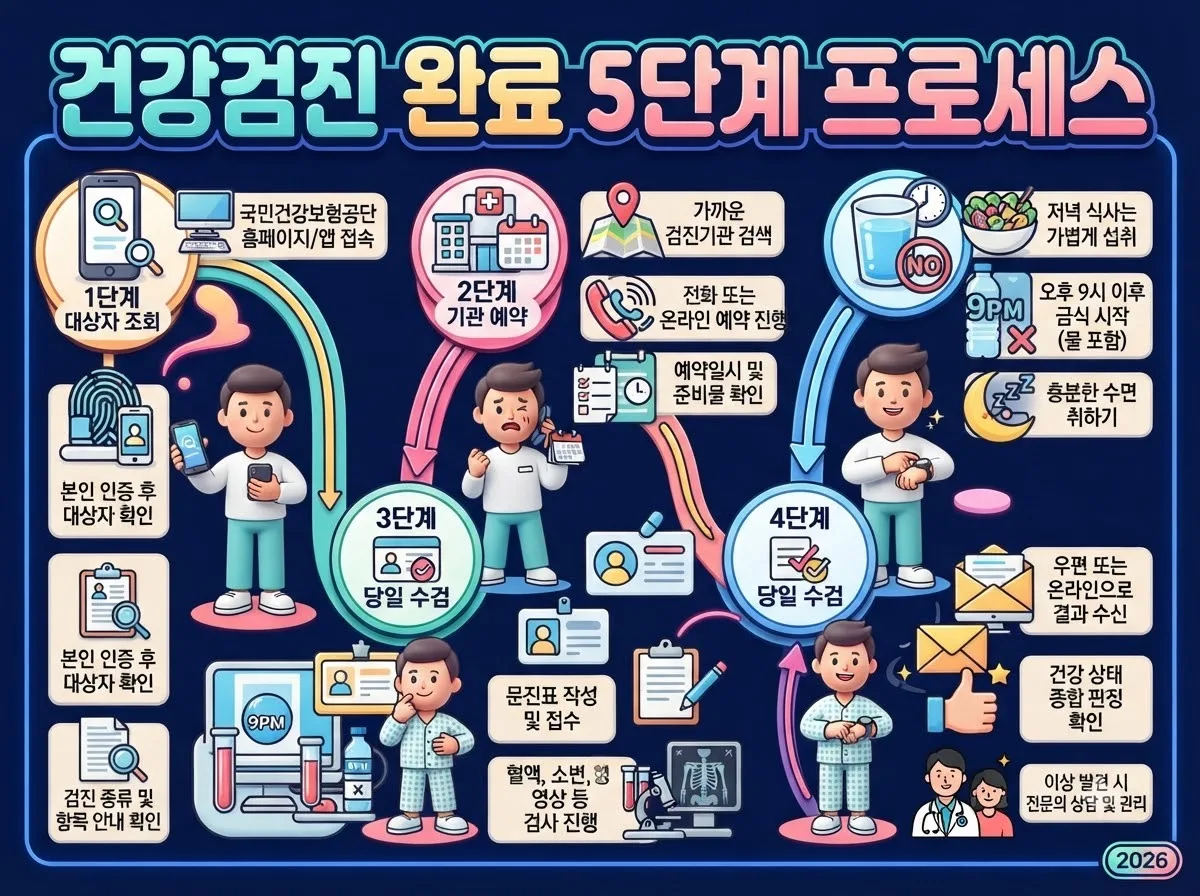 국민건강보험 국가건강검진 예약부터 공복 준비와 당일 검사 결과 통보까지의 5단계 진행 일정을 정리한 로드맵 안내도입니다.