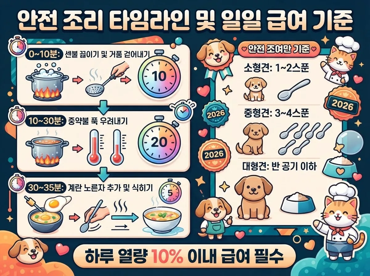 북어국 조리 시간대별 끓이기 방법과 반려견 체중별 적정 급여량을 비교 안내하는 보양식 조리 타임라인 인포그래픽