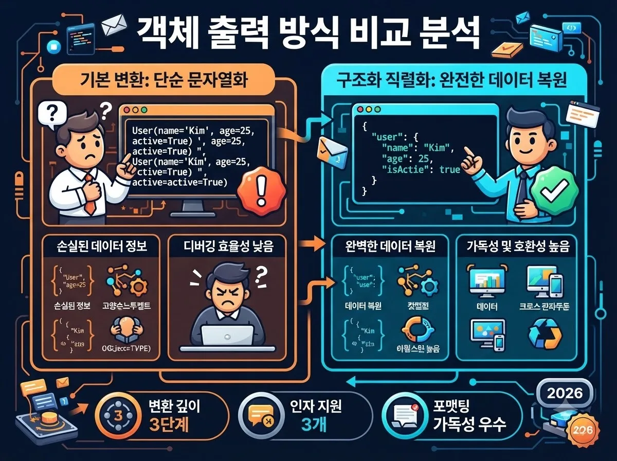 기본 문자열 변환과 구조화 직렬화 방식의 차이점을 한눈에 보여주는 객체 출력 비교 분석 인포그래픽