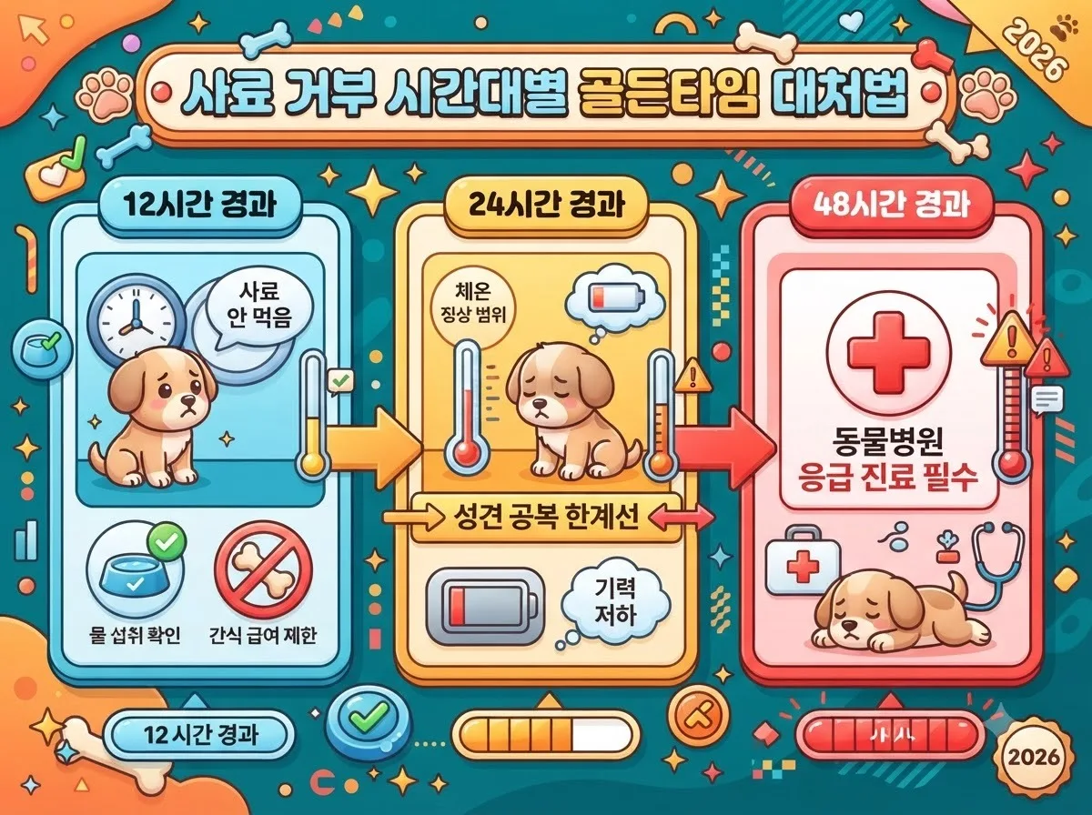 강아지 사료 거부 발생 후 12시간 24시간 48시간대별 필수 확인 사항과 병원 진료 기준을 정리한 단계별 타임라인 인포그래픽입니다.