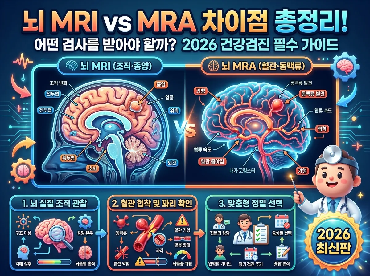 2026 부모님 건강검진 필수 항목인 뇌 MRI와 뇌 MRA의 차이점과 검사 목적을 비교 정리한 건강 정보 인포그래픽