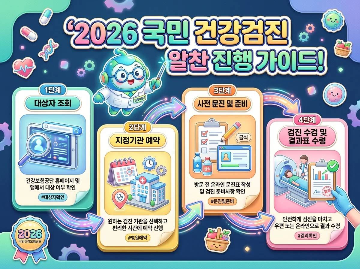 국가 암 검진 대상자 조회부터 예약 및 결과 확인까지의 4단계 수검 절차 안내 인포그래픽