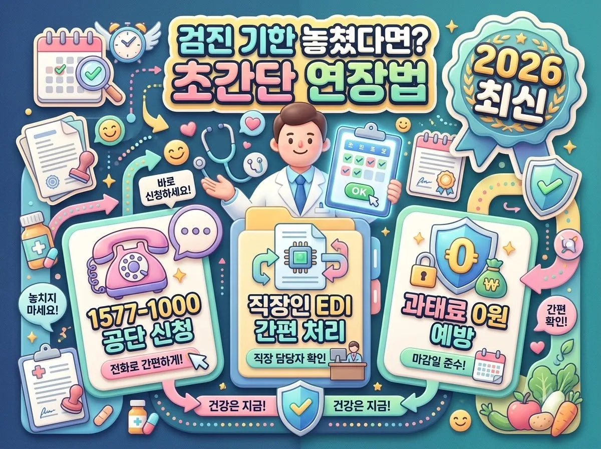 공단 건강검진 기한 연장 방법과 직장인 및 지역가입자별 처리 기준을 한눈에 정리한 2026년 인포그래픽 썸네일입니다.