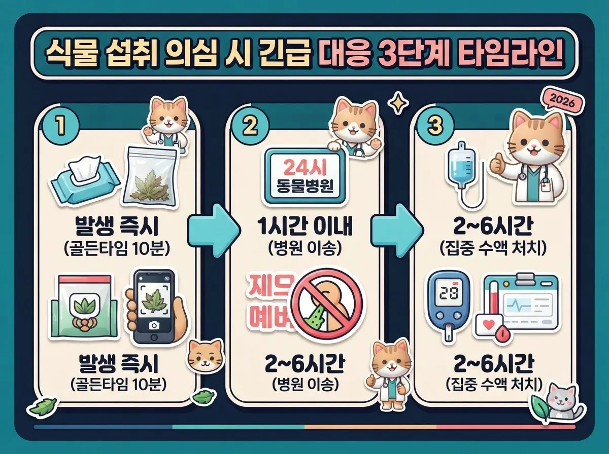 고양이가 독성 식물을 섭취했을 때 골든타임 10분부터 동물병원 집중 처치까지 시간대별로 대처하는 응급 타임라인 인포그래픽입니다.
