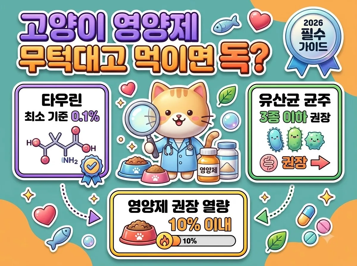 고양이 유산균과 타우린 영양제 필수 급여 기준 및 사료 성분 분석 데이터를 정리한 2026년 반려묘 영양 관리 안내 포스터