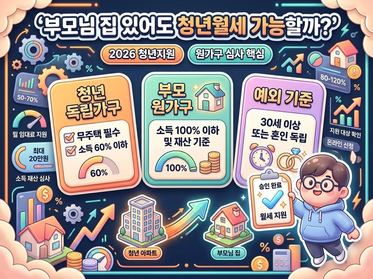 부모님 유주택 여부에 따른 청년월세지원 신청 가능 조건과 원가구 소득 재산 심사 기준을 정리한 2026년 인포그래픽 포스터입니다.