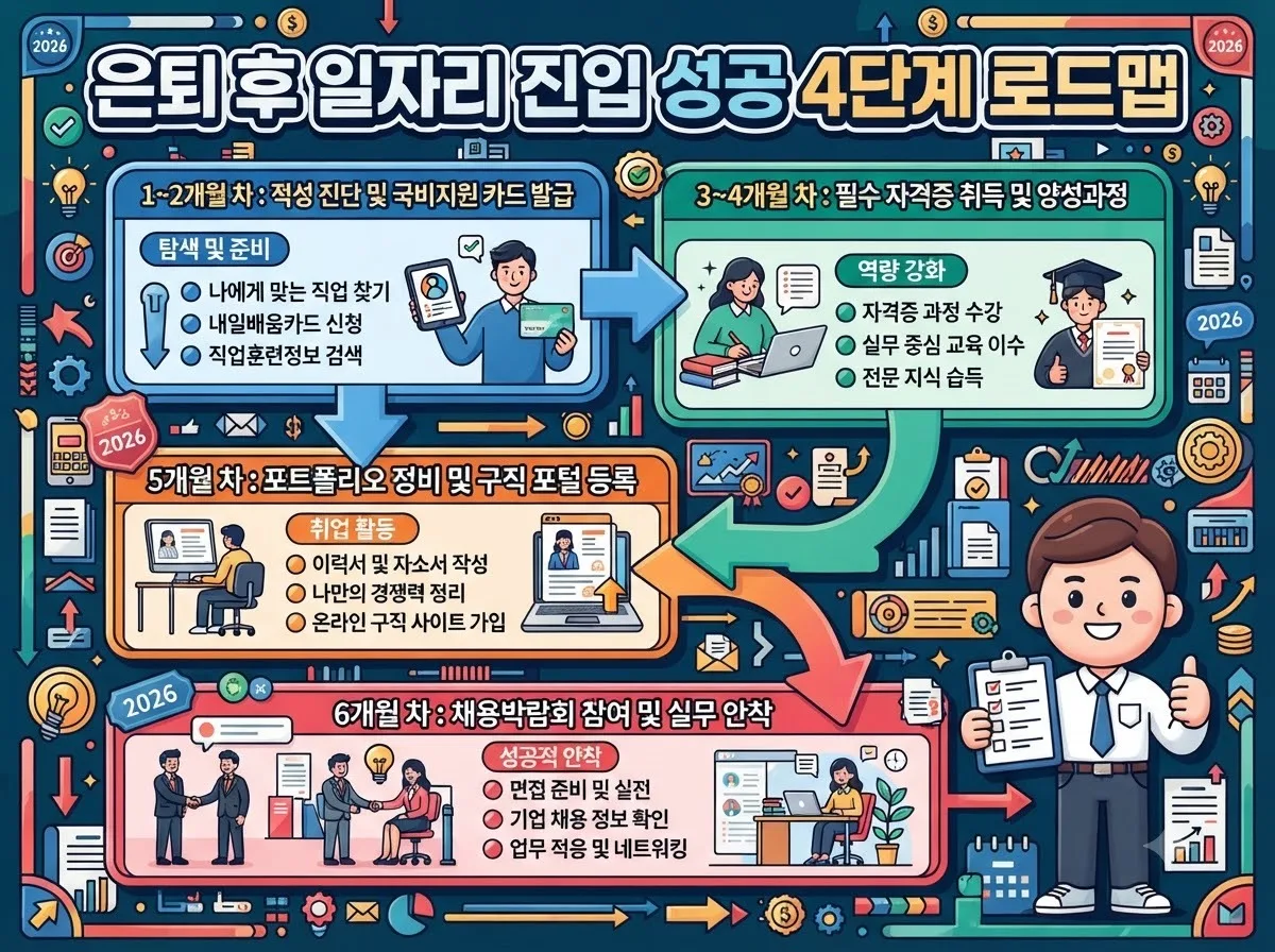 은퇴 후 재취업을 성공적으로 준비하기 위한 국비지원 카드 신청부터 자격증 취득과 실무 진입까지의 4단계 일정을 정리한 로드맵 인포그래픽입니다.