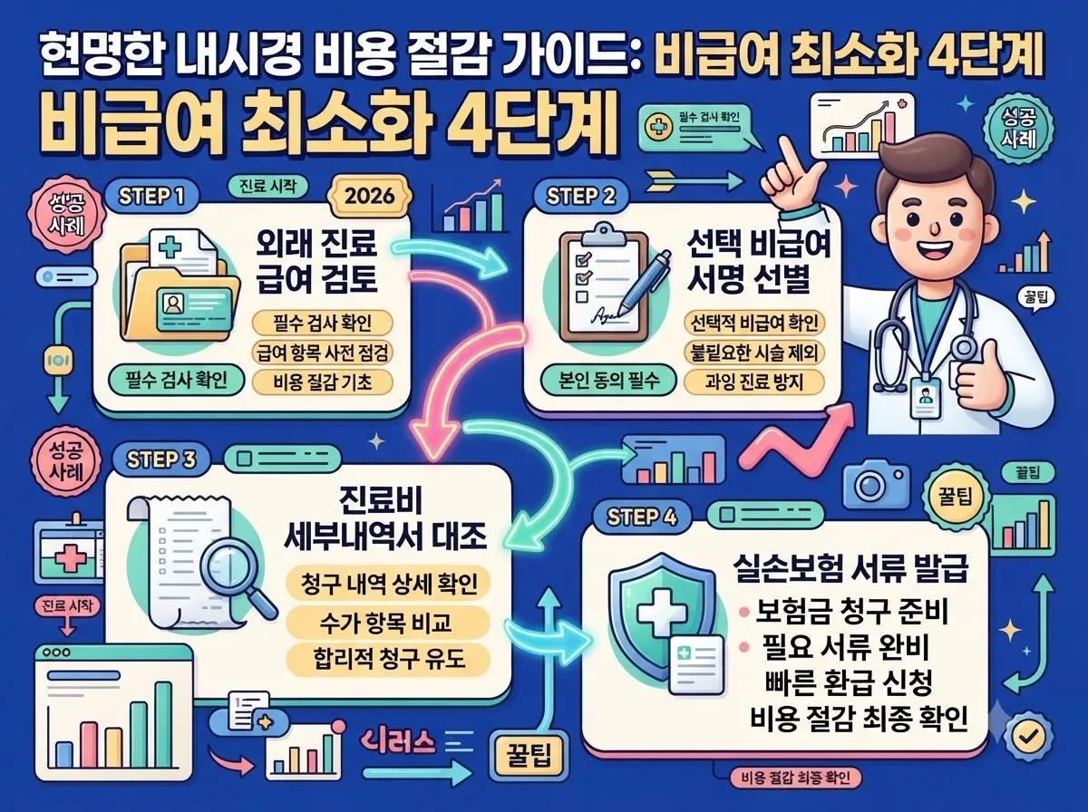예약 전 문진부터 동의서 서명 및 수납 단계별 진료비 세부내역서 점검까지 수면내시경 비용을 줄이는 4단계 절차 안내 인포그래픽입니다.