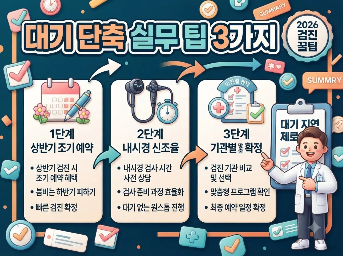 건강검진 대기 시간을 줄이기 위한 상반기 예약과 내시경 사전 조율 등 3단계 예약 실무 절차 인포그래픽