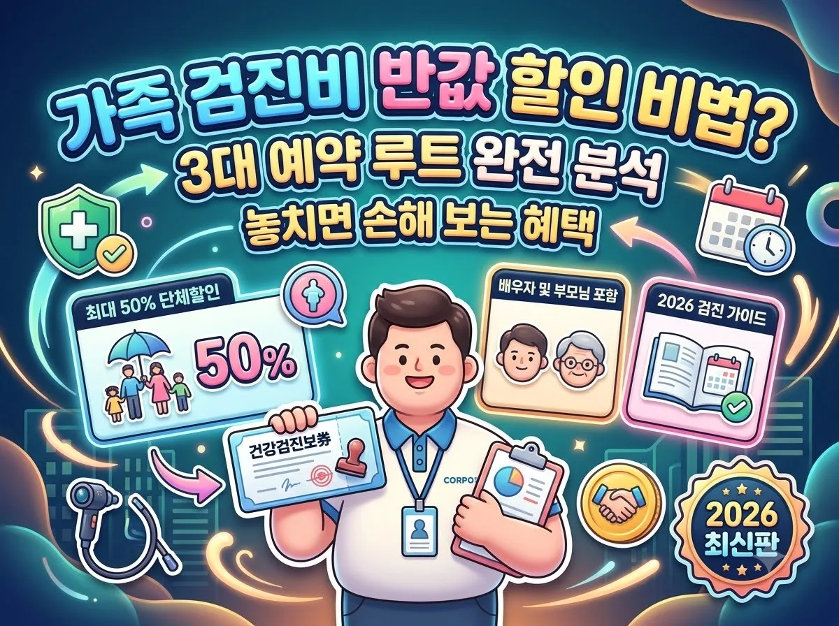 직장인 회사 복지 혜택을 활용하여 배우자와 부모님 종합건강검진을 단체 할인가로 예약하는 핵심 방법 인포그래픽 포스터