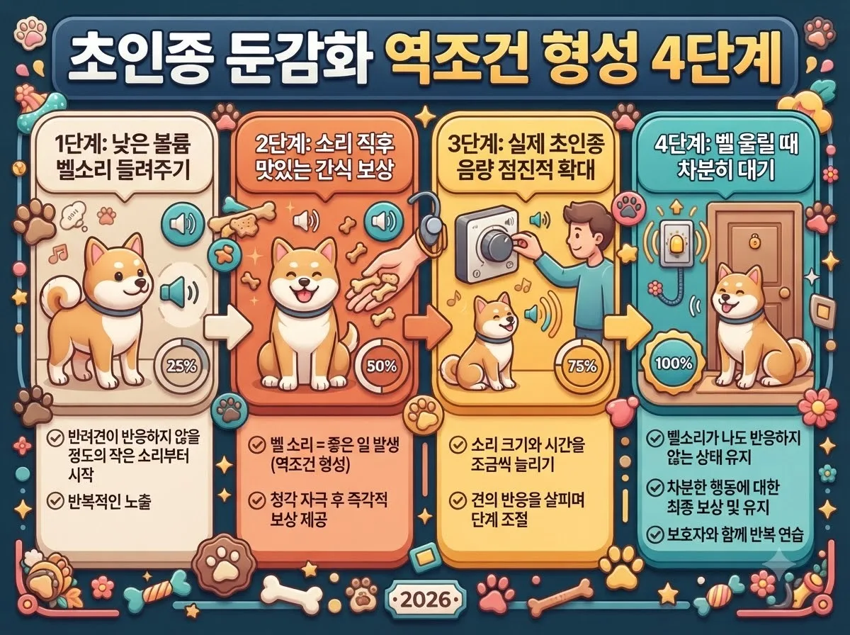 초인종 소리 둔감화와 보상을 연계하는 강아지 행동 교정 4단계 절차를 설명한 인포그래픽