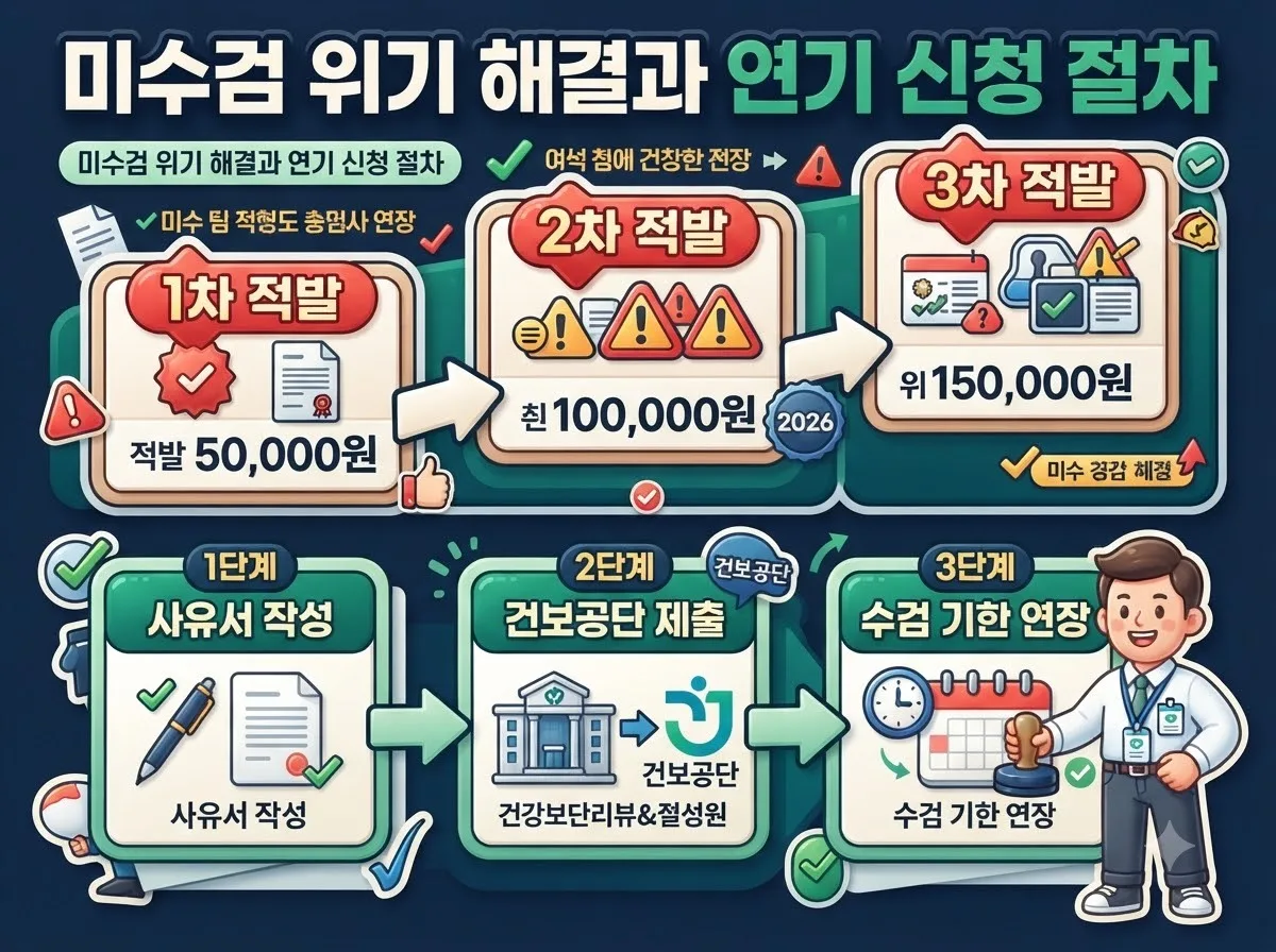 직장인 건강검진 미수검 회차별 과태료 금액 단계와 공단 연기 신청 3단계 절차를 정리한 인포그래픽