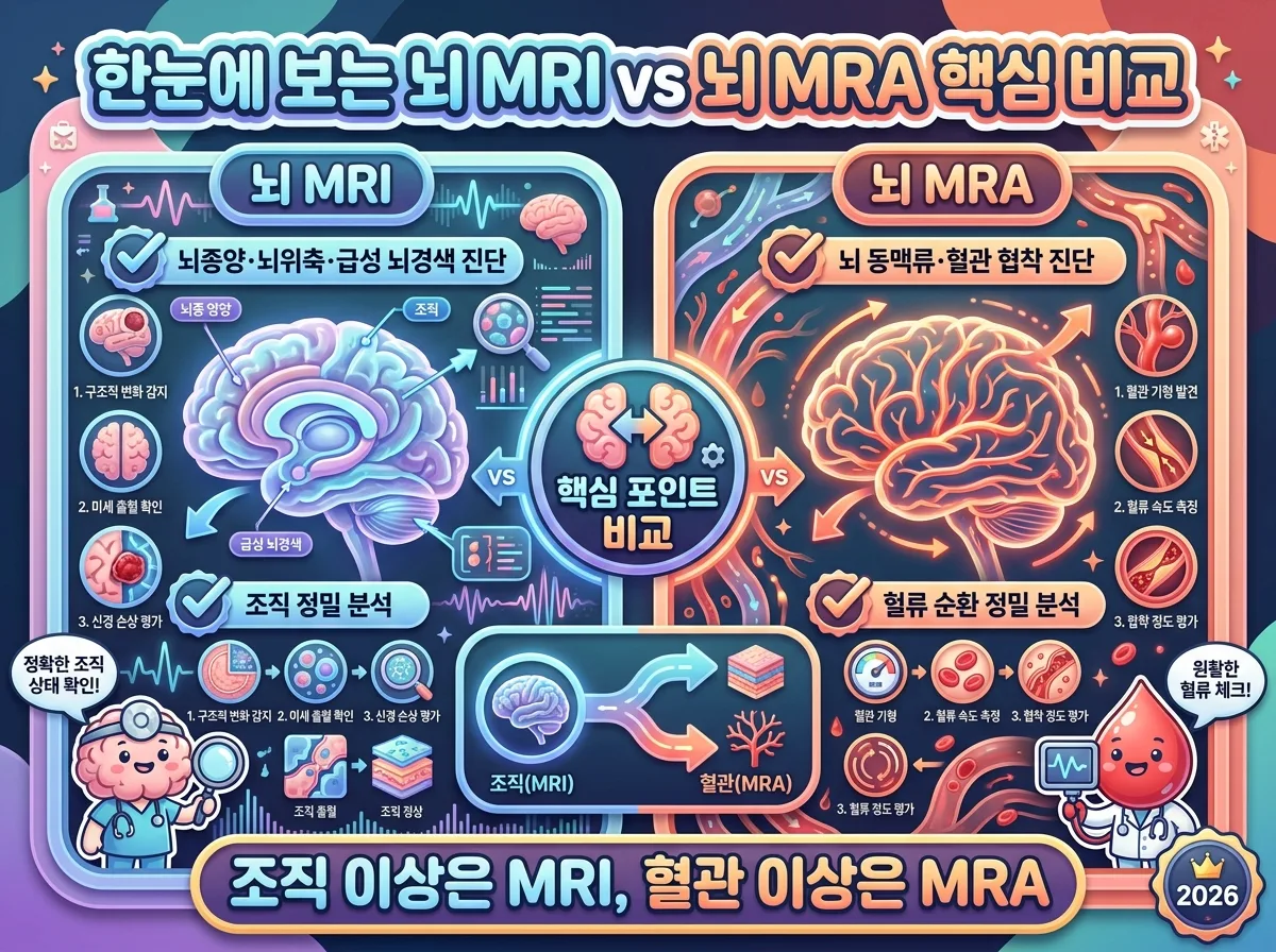 뇌 조직을 확인하는 뇌 MRI와 뇌혈관 질환을 확인하는 뇌 MRA의 주요 검사 영역 및 차이점 비교 인포그래픽