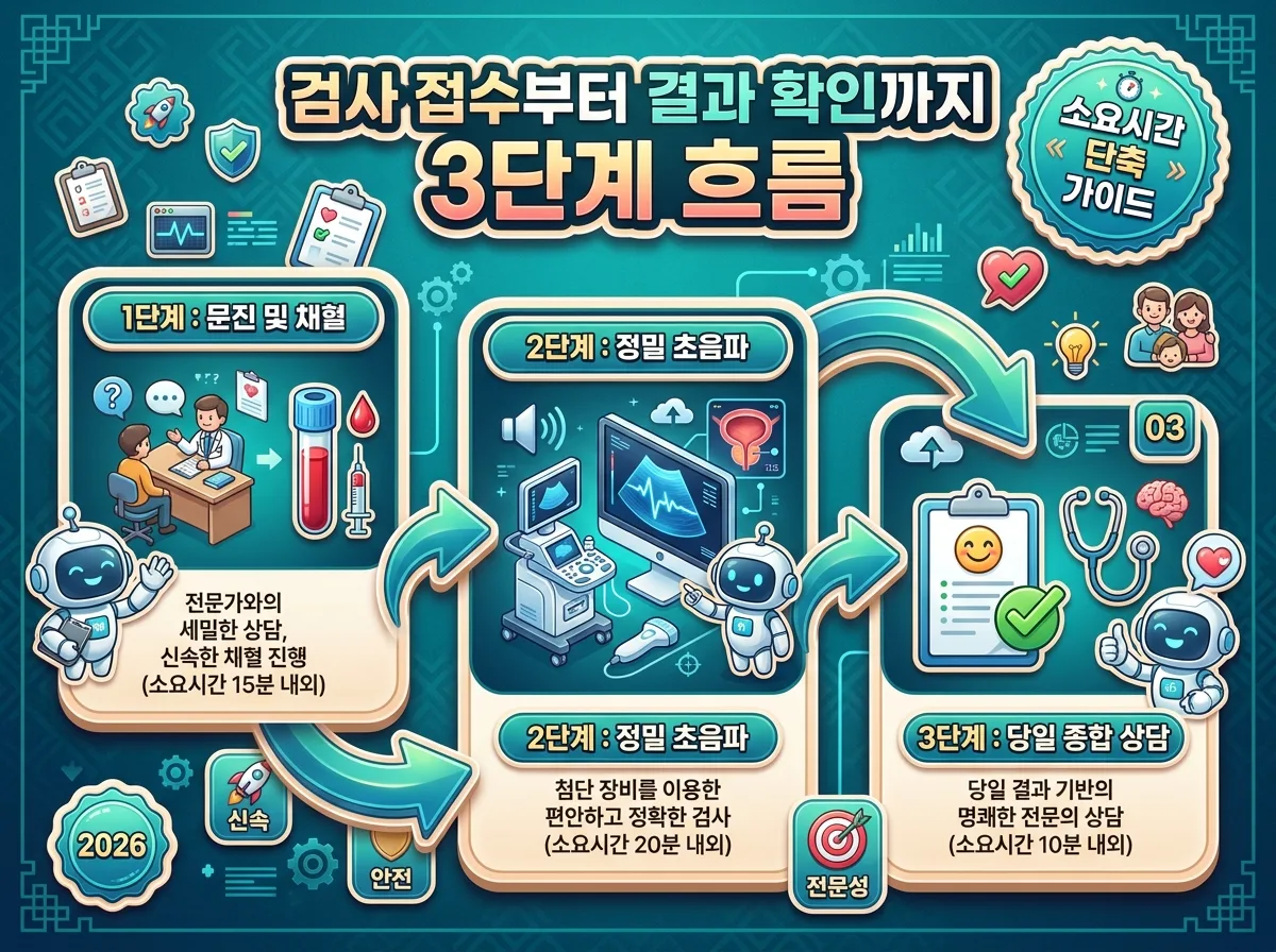 진료 접수와 채혈부터 초음파 검사 및 종합 상담까지 이어지는 전립선 검진 3단계 진행 흐름도