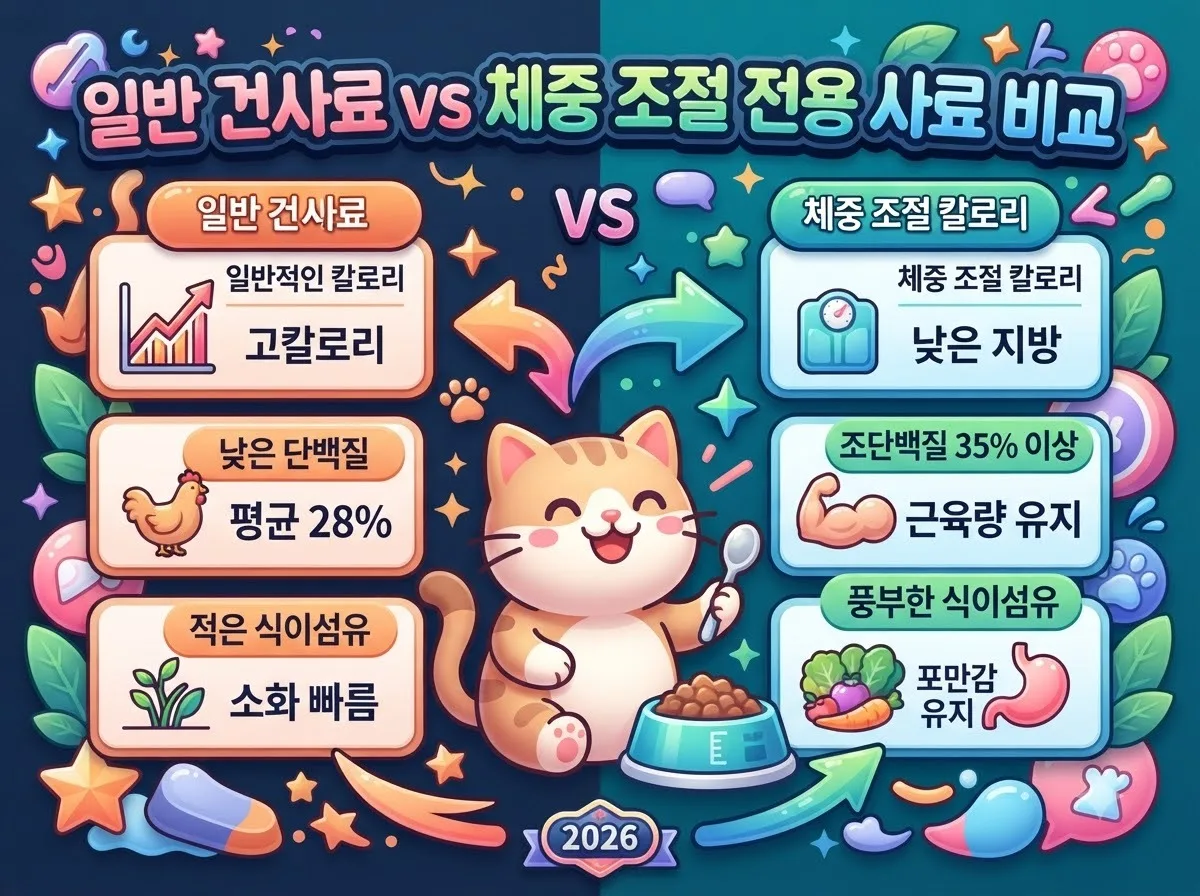 일반 고양이 사료와 다이어트 전용 사료의 단백질 함량 및 포만감 유지 특성을 비교 분석한 상세 인포그래픽입니다.