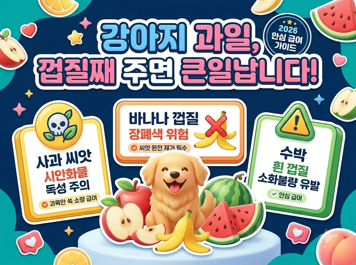 강아지 과일 급여 시 사과와 바나나 및 수박의 씨앗과 껍질 제거 필수 수칙을 담은 2026 인포그래픽 포스터